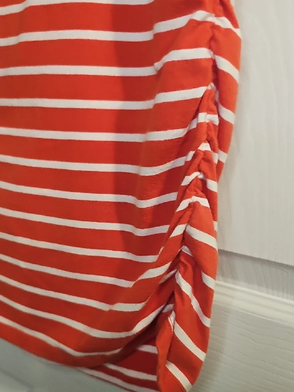 Michael Kors Orange & White Striped Short-Sleeve Scoop Neck Tee with Side Ruche